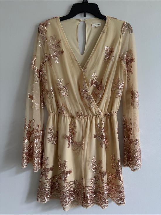Main Strip Pants - Main Strip Beige Romper with Rose Gold Sequin Floral Accents